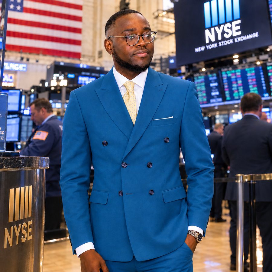 Willy Donfack, fondateur de ToutSachetInvest, en costume bleu à la Bourse de New York